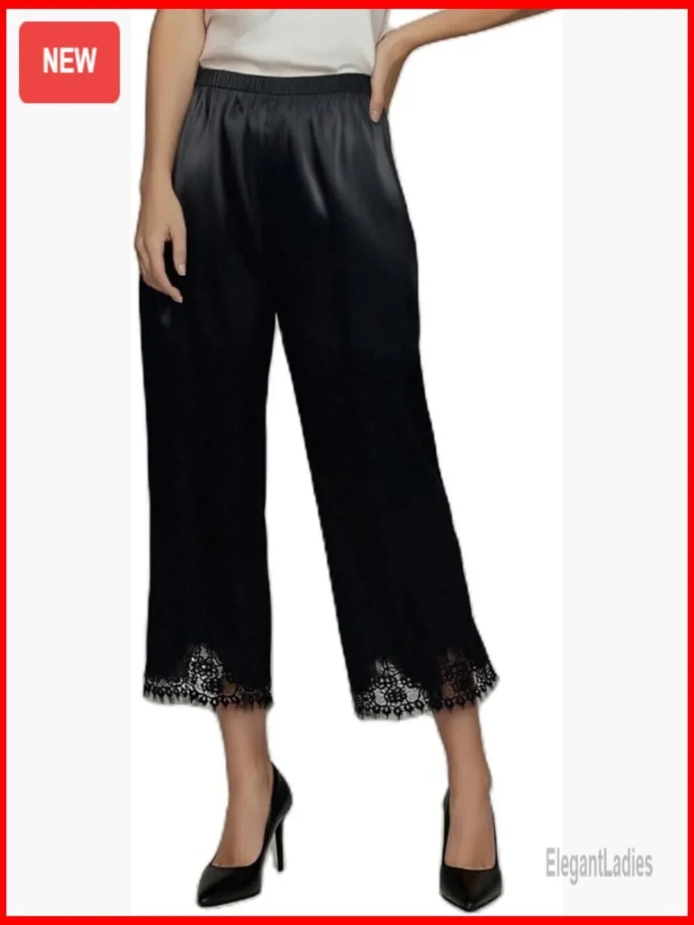 Satin Lace Trim Wide Leg Pajama Bottoms Elastic Waist Lounge Pants